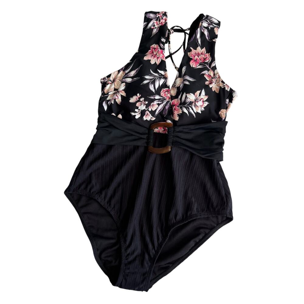 Time and Tru Women's Floral Black Cut Out One Piece Swimsuit Size Medium